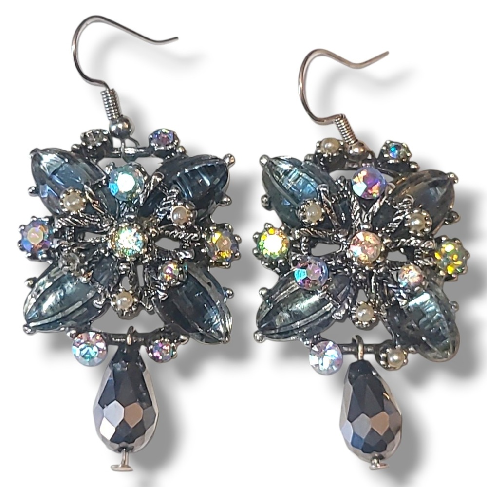 Vintage‎ Molded Glass Aurora Borealis Rhinestone Dangle Earrings Repurposed